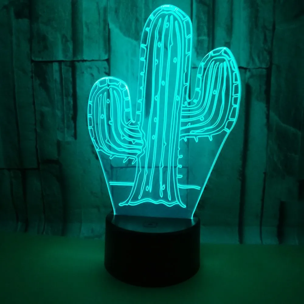 Cactus 3D night light with touch control showing green LED glow on a wooden table