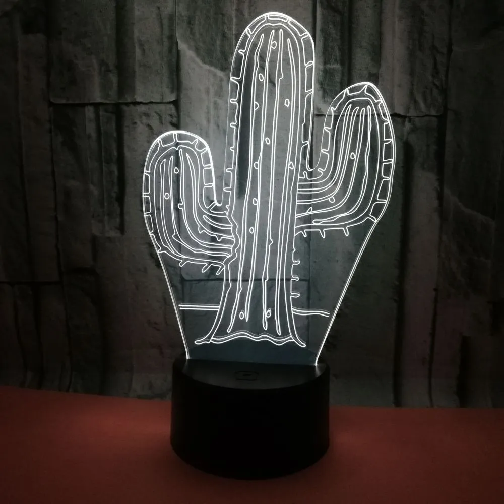 Cactus 3D night light with touch control showing green LED glow on a wooden table