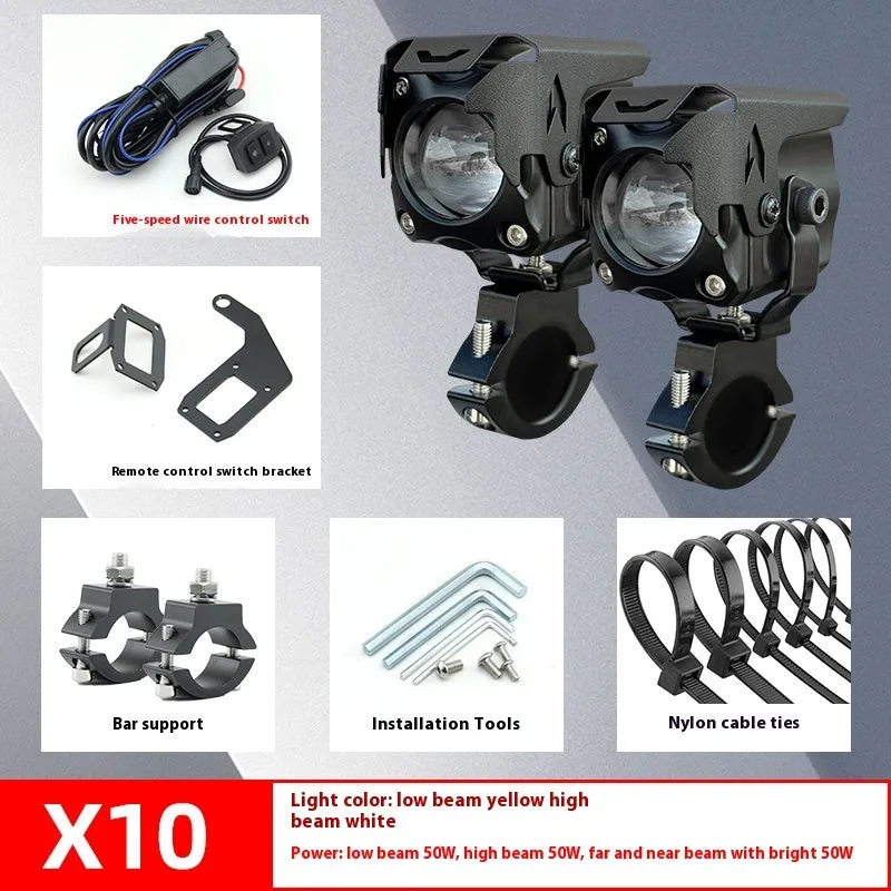 Motorcycle LED spotlight pair with wiring and mounting brackets for vehicle modification