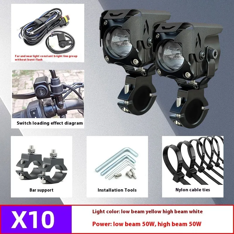 Motorcycle LED spotlight pair with wiring and mounting brackets for vehicle modification