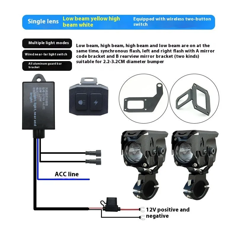 Motorcycle LED spotlight pair with wiring and mounting brackets for vehicle modification