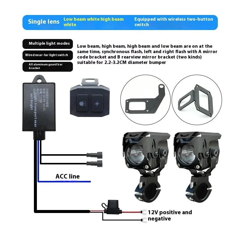 Motorcycle LED spotlight pair with wiring and mounting brackets for vehicle modification
