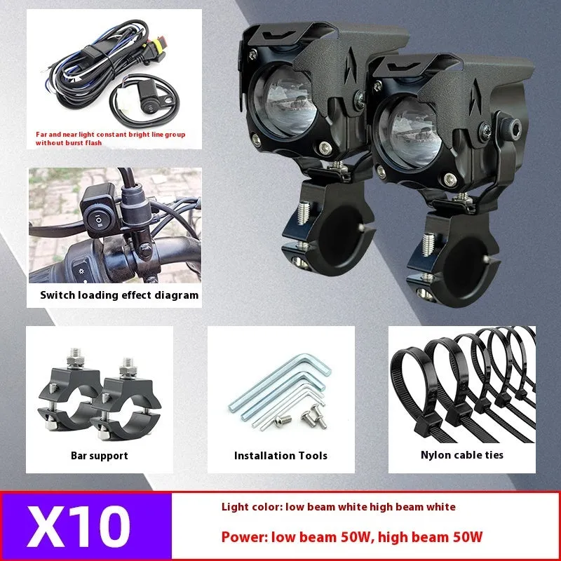 Motorcycle LED spotlight pair with wiring and mounting brackets for vehicle modification