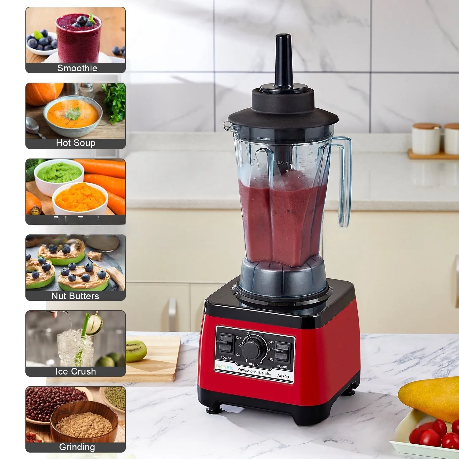 Red commercial blender with stainless steel jug and 2200W motor power for professional kitchen use