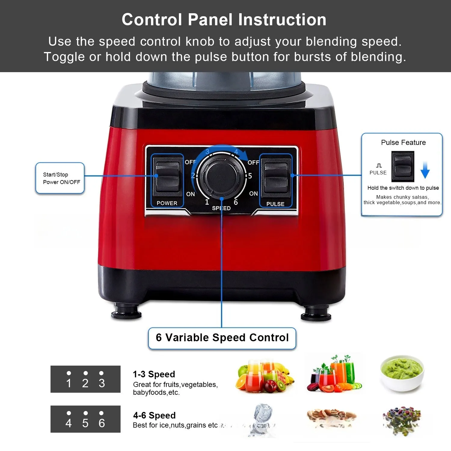 Red commercial blender with stainless steel jug and 2200W motor power for professional kitchen use