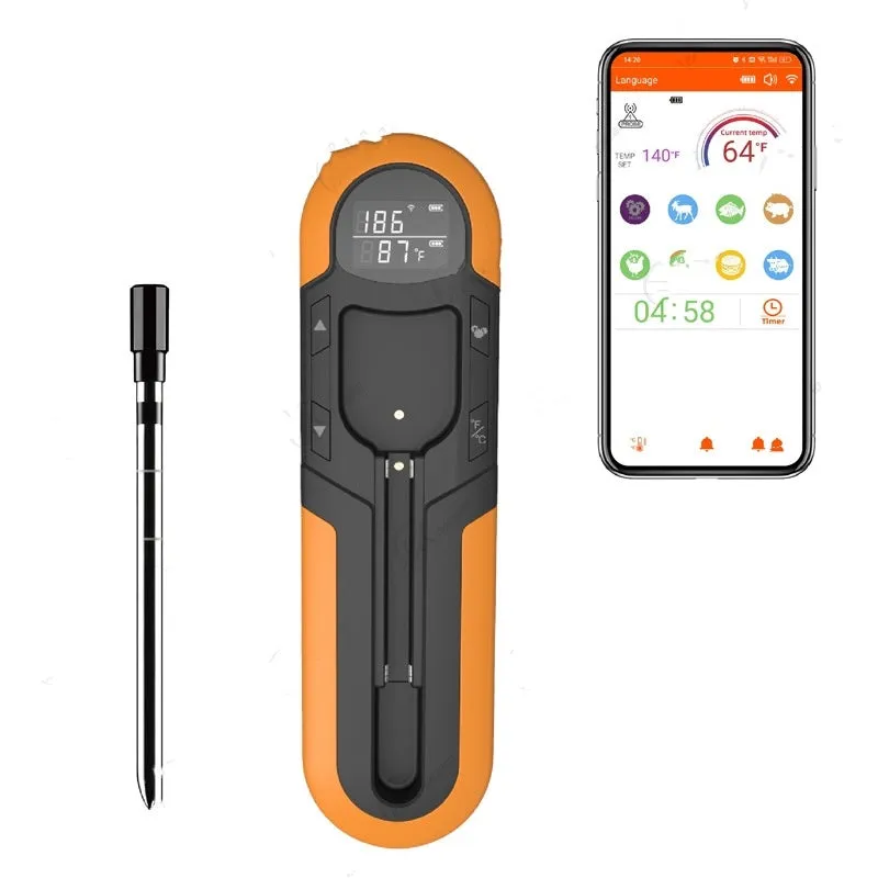 Blue portable Bluetooth barbecue thermometer with magnet design and LCD screen on a metal grill surface