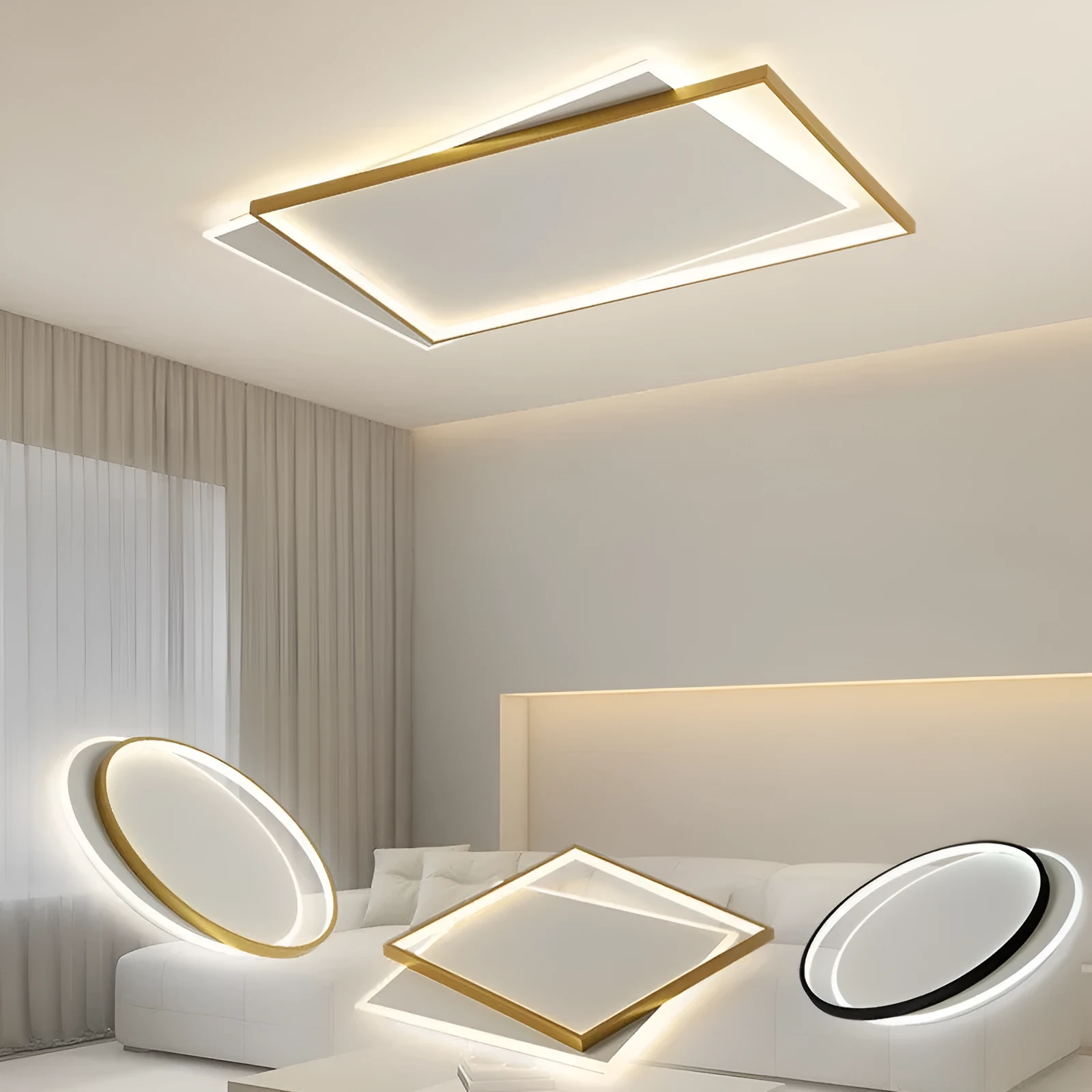 Simple modern round LED ceiling light with dimming, available in White and Black or White Gold finish