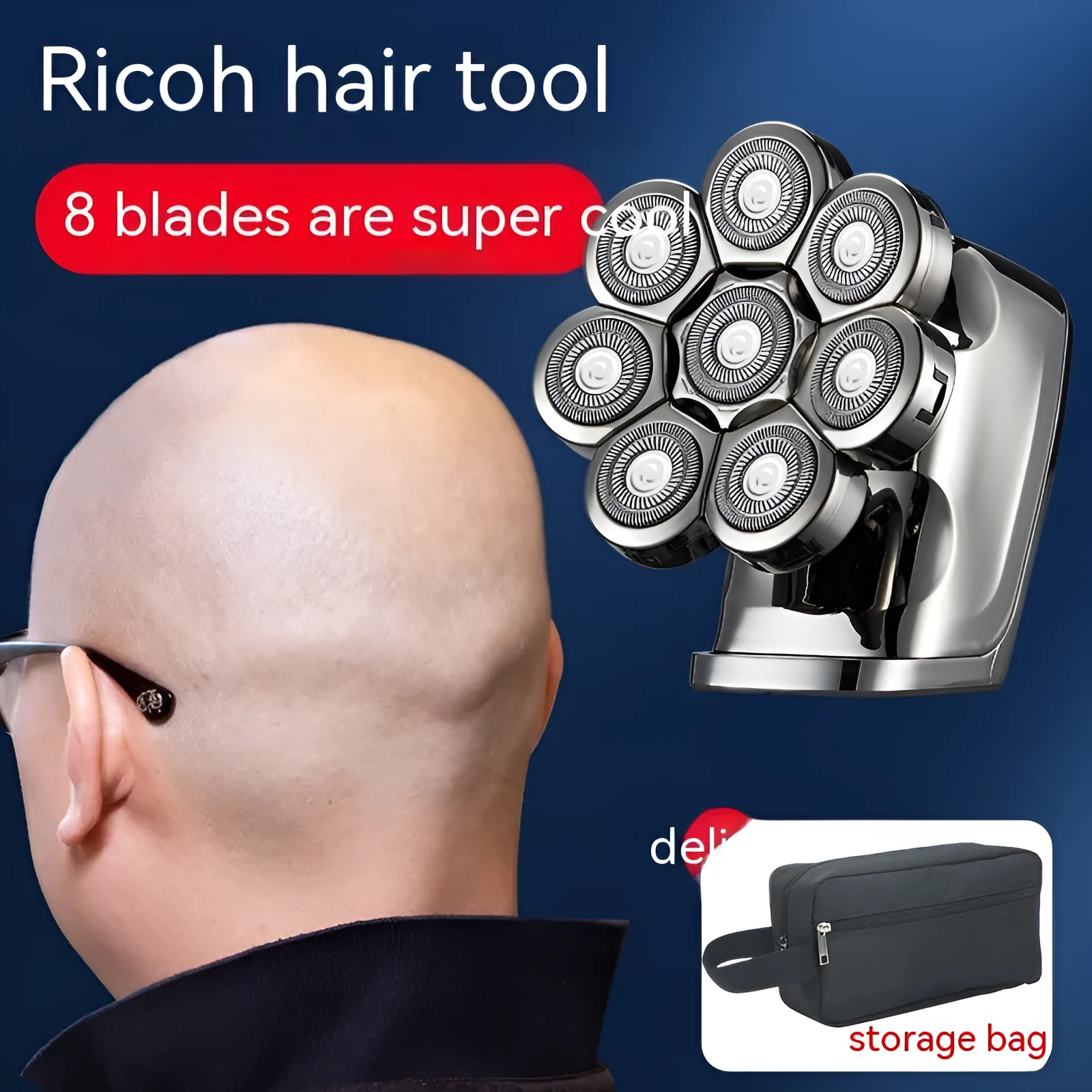 Eight-knife electric shaver with five-in-one attachments, LED display, floating cutter head, and USB charging cable