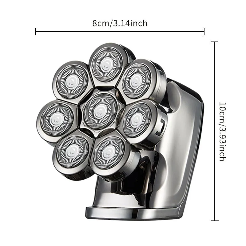 Eight-knife electric shaver with five-in-one attachments, LED display, floating cutter head, and USB charging cable