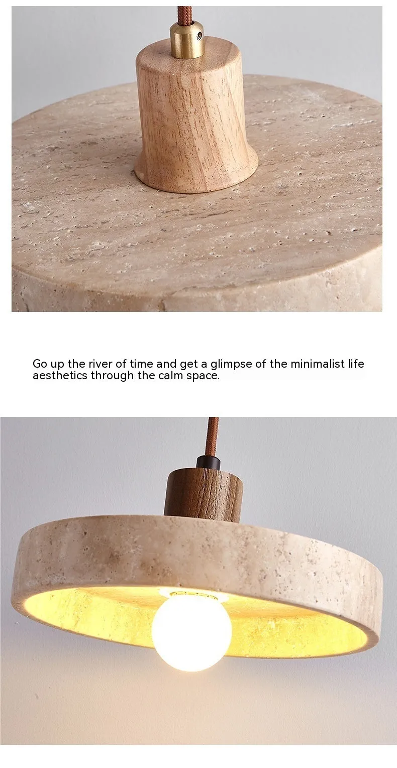 Small yellow cave stone and solid wood pendant light on a bedside table, 21 cm diameter, wood colour option