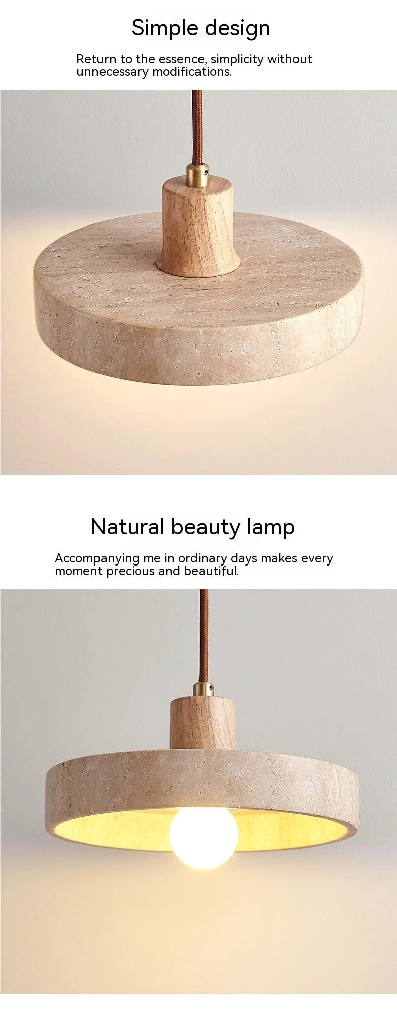 Small yellow cave stone and solid wood pendant light on a bedside table, 21 cm diameter, wood colour option