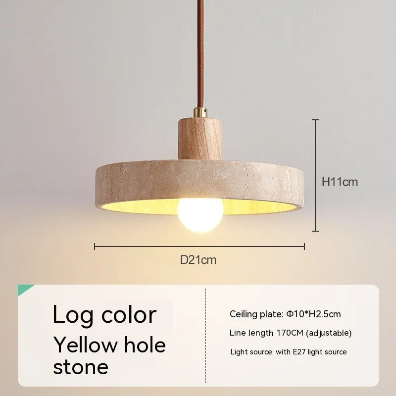 Small yellow cave stone and solid wood pendant light on a bedside table, 21 cm diameter, wood colour option