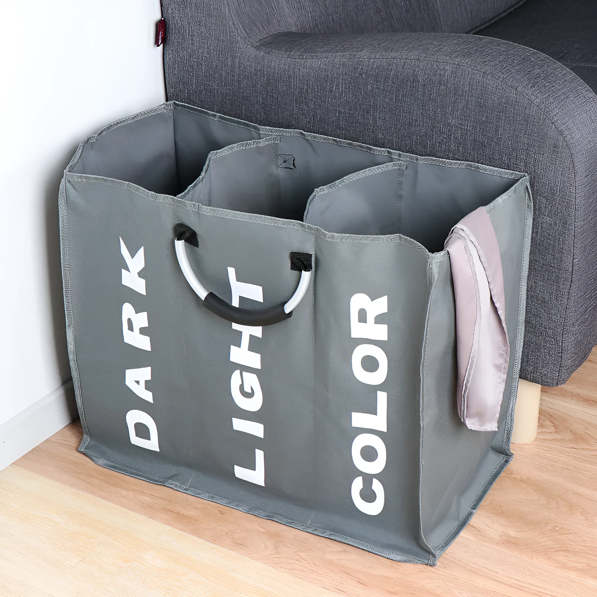 Three-compartment large capacity clothing bag in dark grey made from 600D Oxford cloth with modern simple design