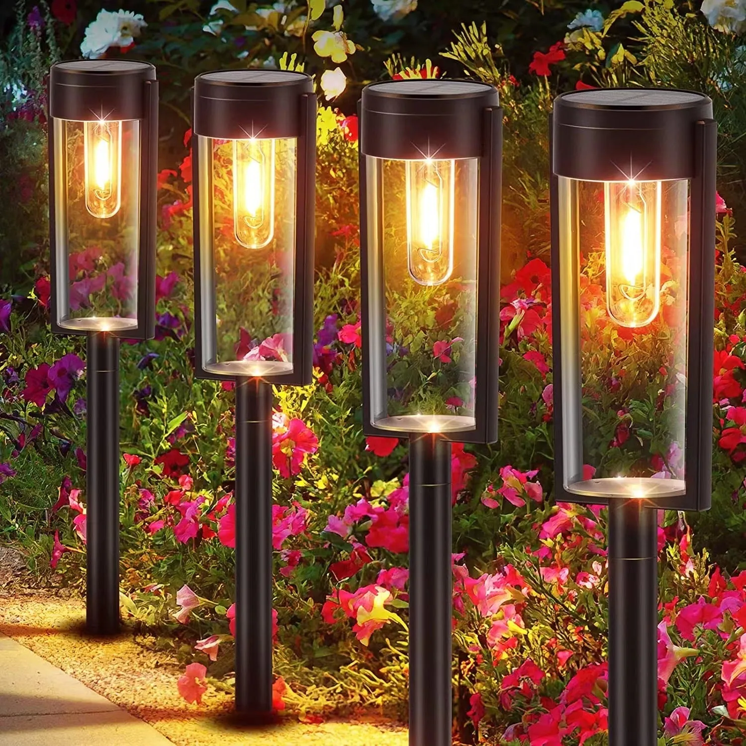 IP65 waterproof solar lawn lamp with tungsten wire filament and geometric ABS housing, 3000K warm light for garden decoration