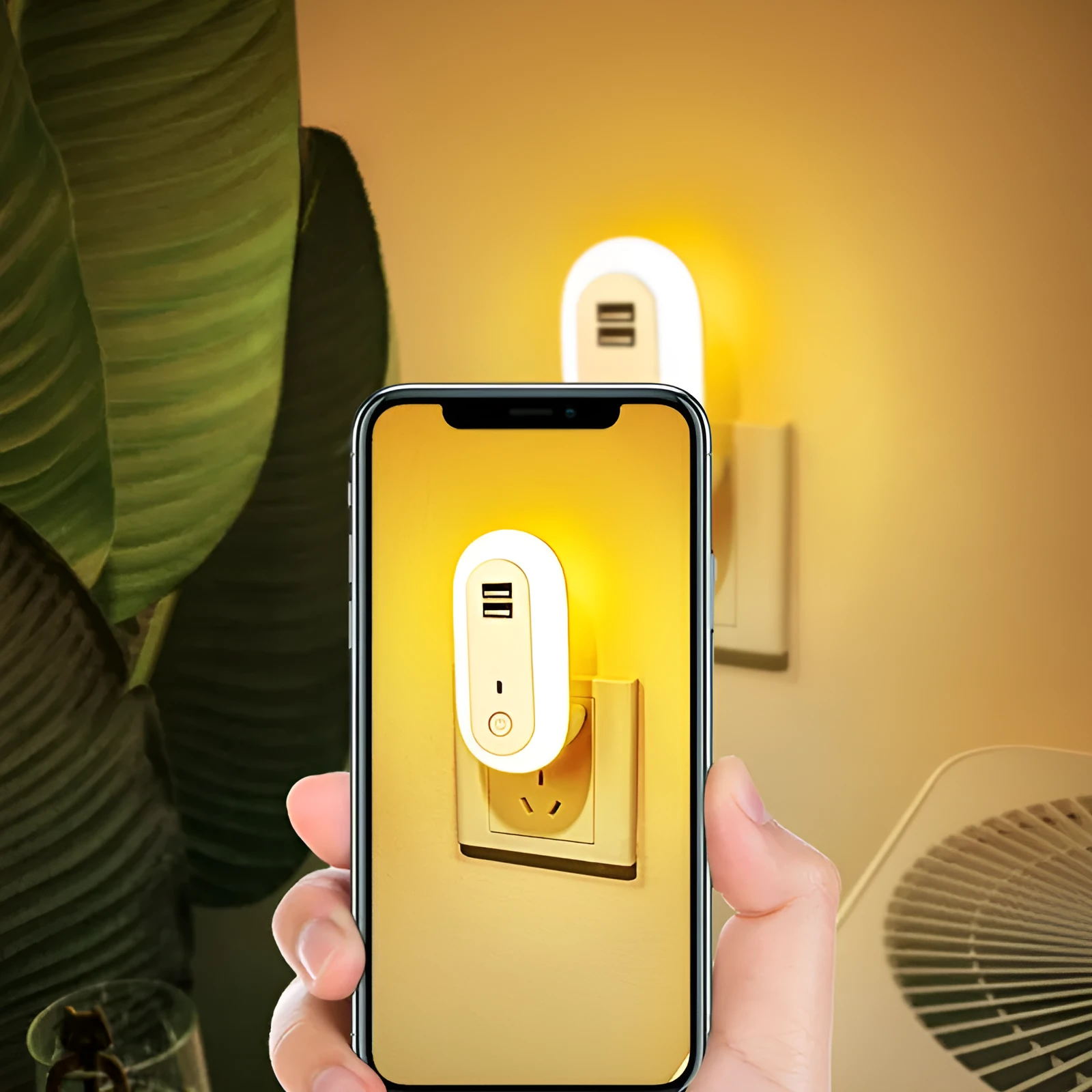 Oval wall night lamp with dual USB ports and remote control, 50x61x104mm, ABS and PC construction