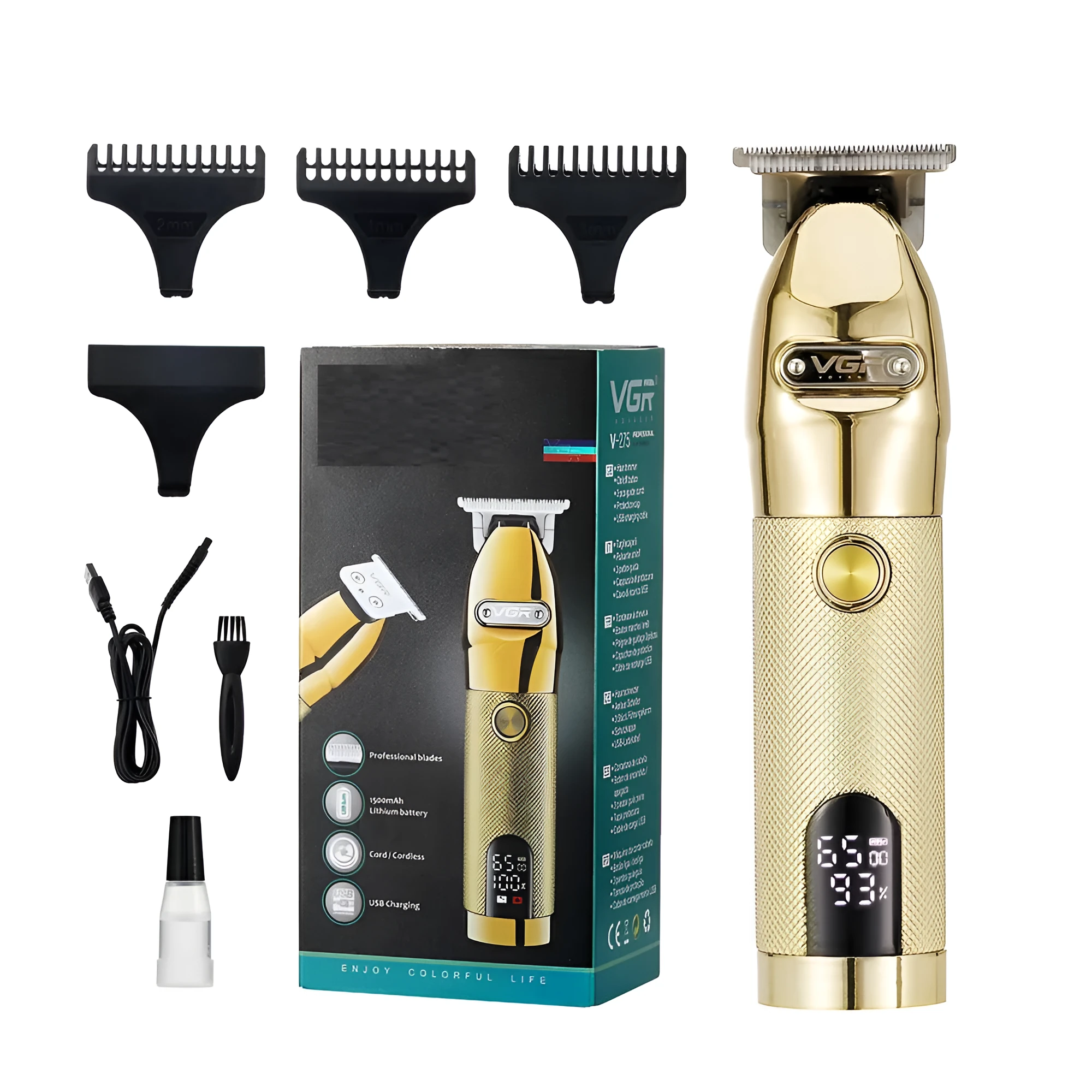 LCD digital display metal hair clipper in V-275 Gold with three limit combs and accessories