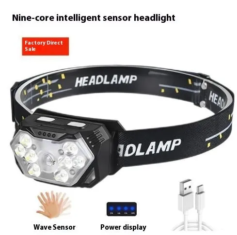 Outdoor night fishing waterproof headlight with ABS housing, 9 LED beads, and adjustable head