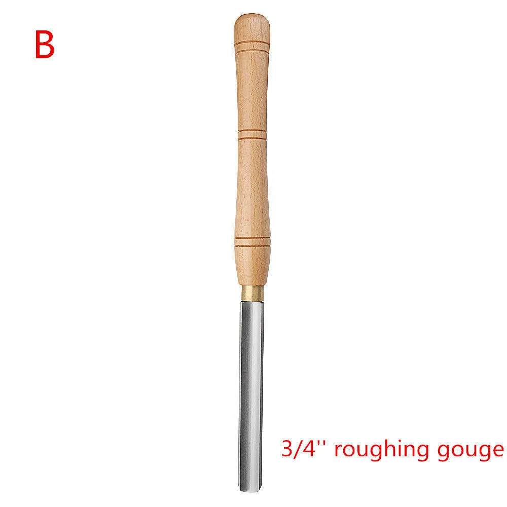 Wooden box open to show eight chrome vanadium steel woodturning tools with varied cutting profiles.