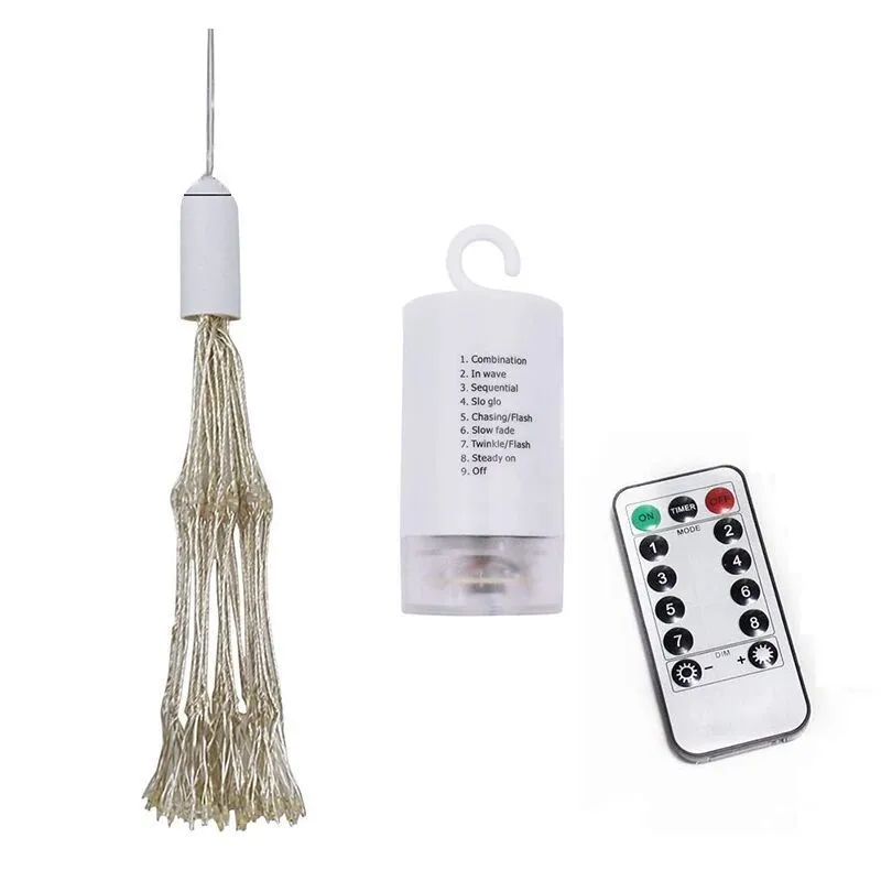 Solar-powered LED meteor shower string lights creating starry explosion effect in warm white colour