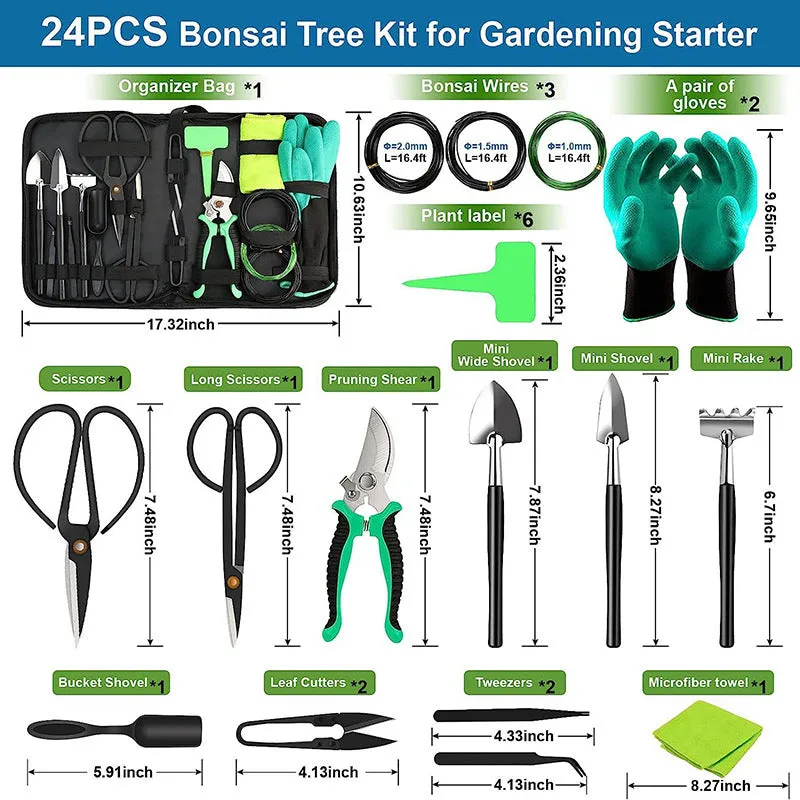 24-piece bonsai tools set in compact case with stainless steel heads for pruning potted plants