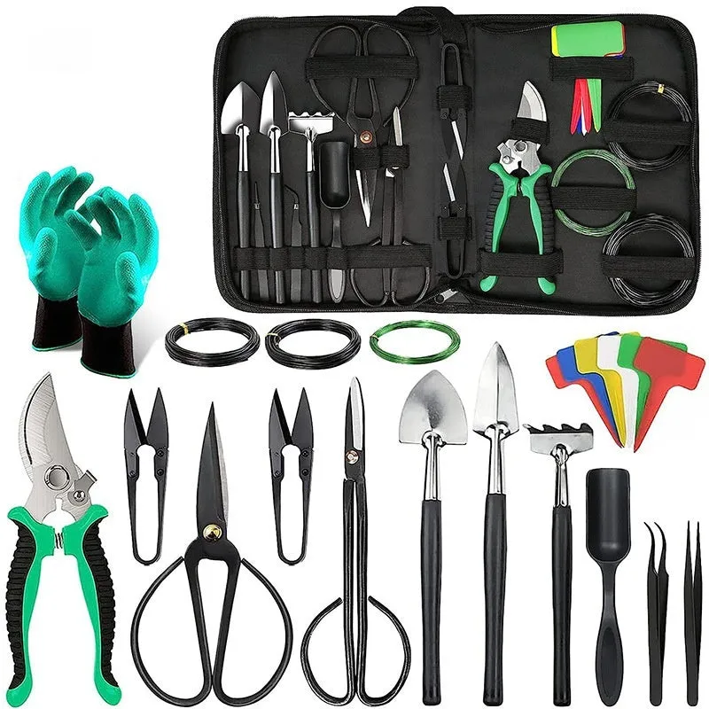 24-piece bonsai tools set in compact case with stainless steel heads for pruning potted plants