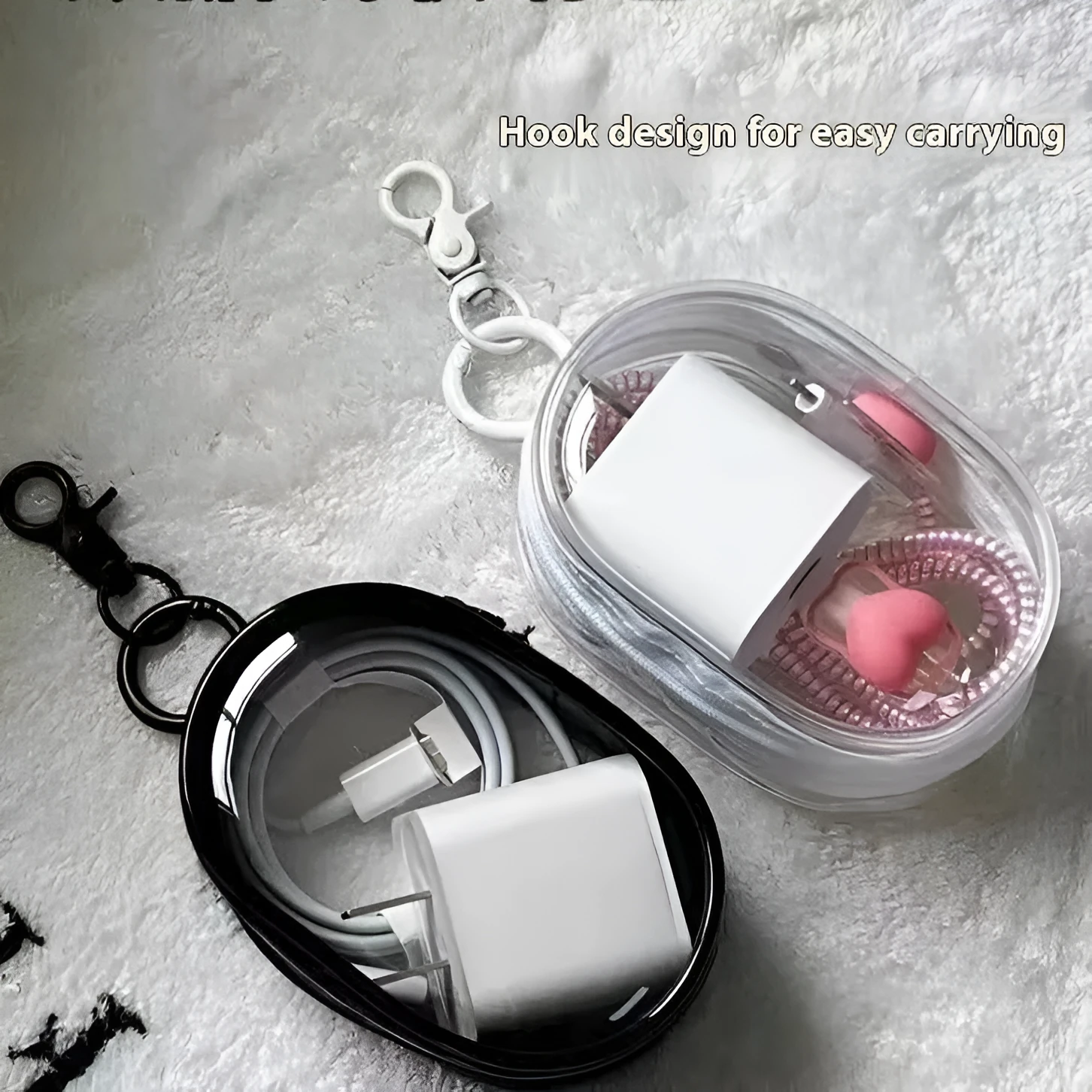 Transparent PVC data cable storage bag for digital chargers, black version with thick hook