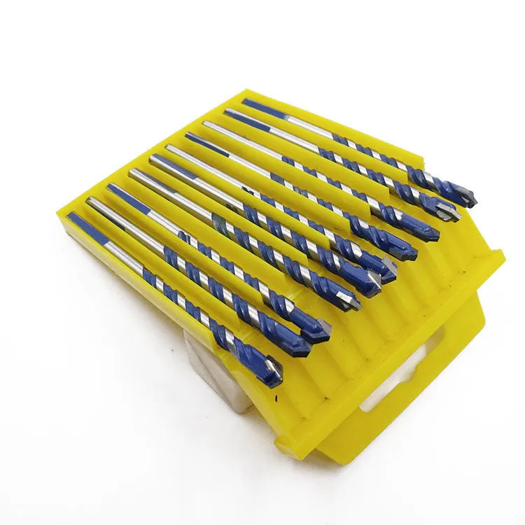 Tungsten steel deep hole drill bit set with triangle handle, 6-12mm cutting diameters, for glass brick wall tin wood