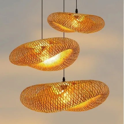 Woven bamboo straw hat-shaped hanging chandelier lamp showing natural texture and circular form