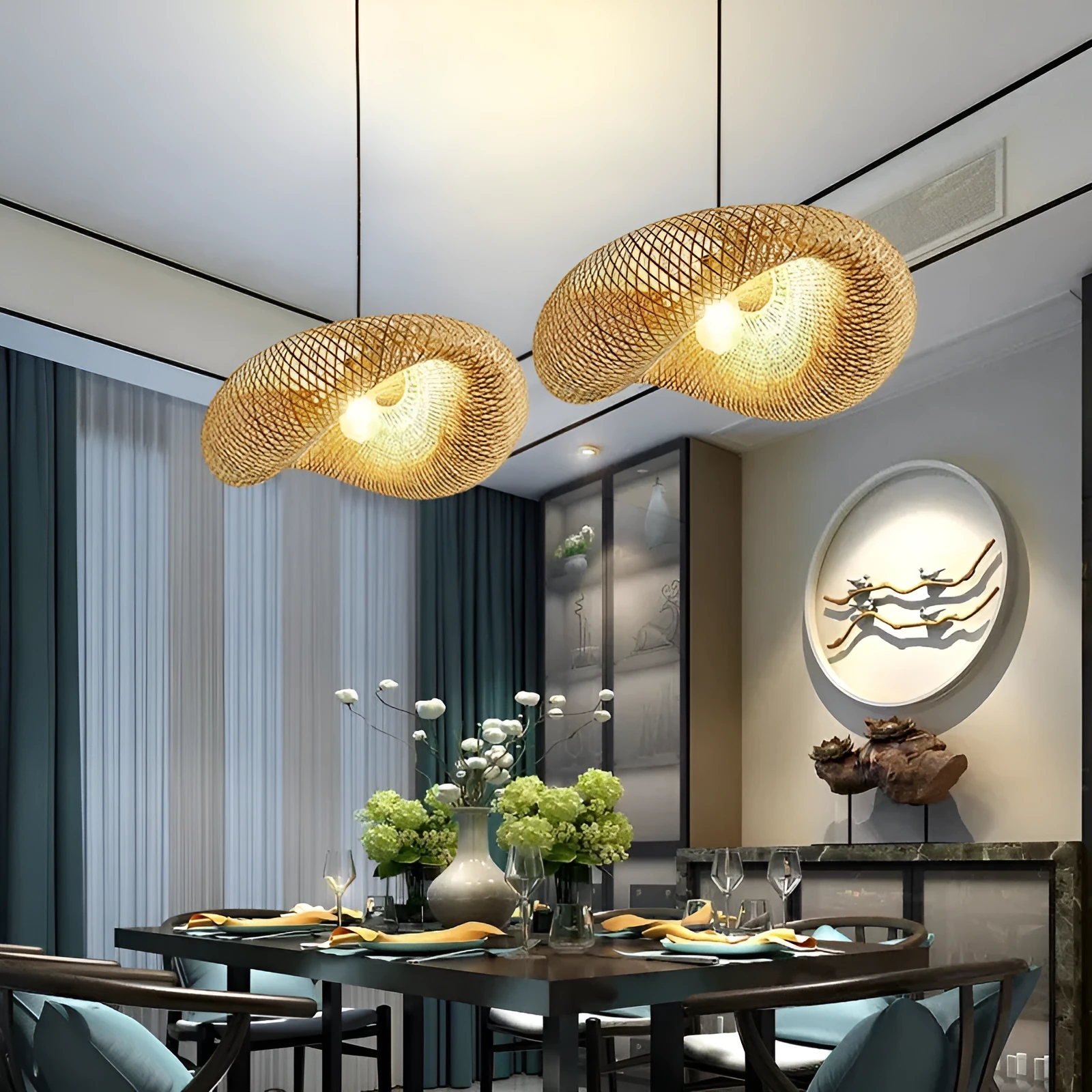 Woven bamboo straw hat-shaped hanging chandelier lamp showing natural texture and circular form