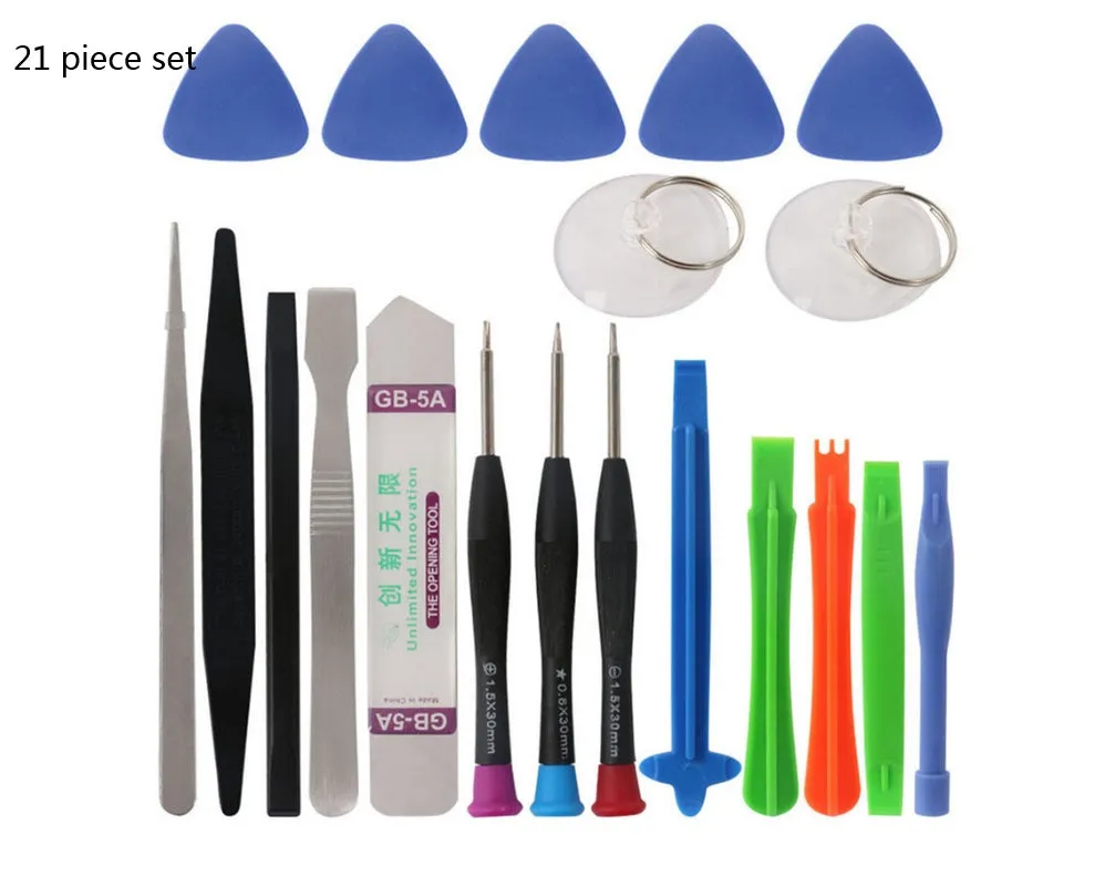 21 piece mobile phone disassembly tool set with chrome vanadium alloy steel screwdrivers, plastic spudgers, and suction cups for iPhone repair