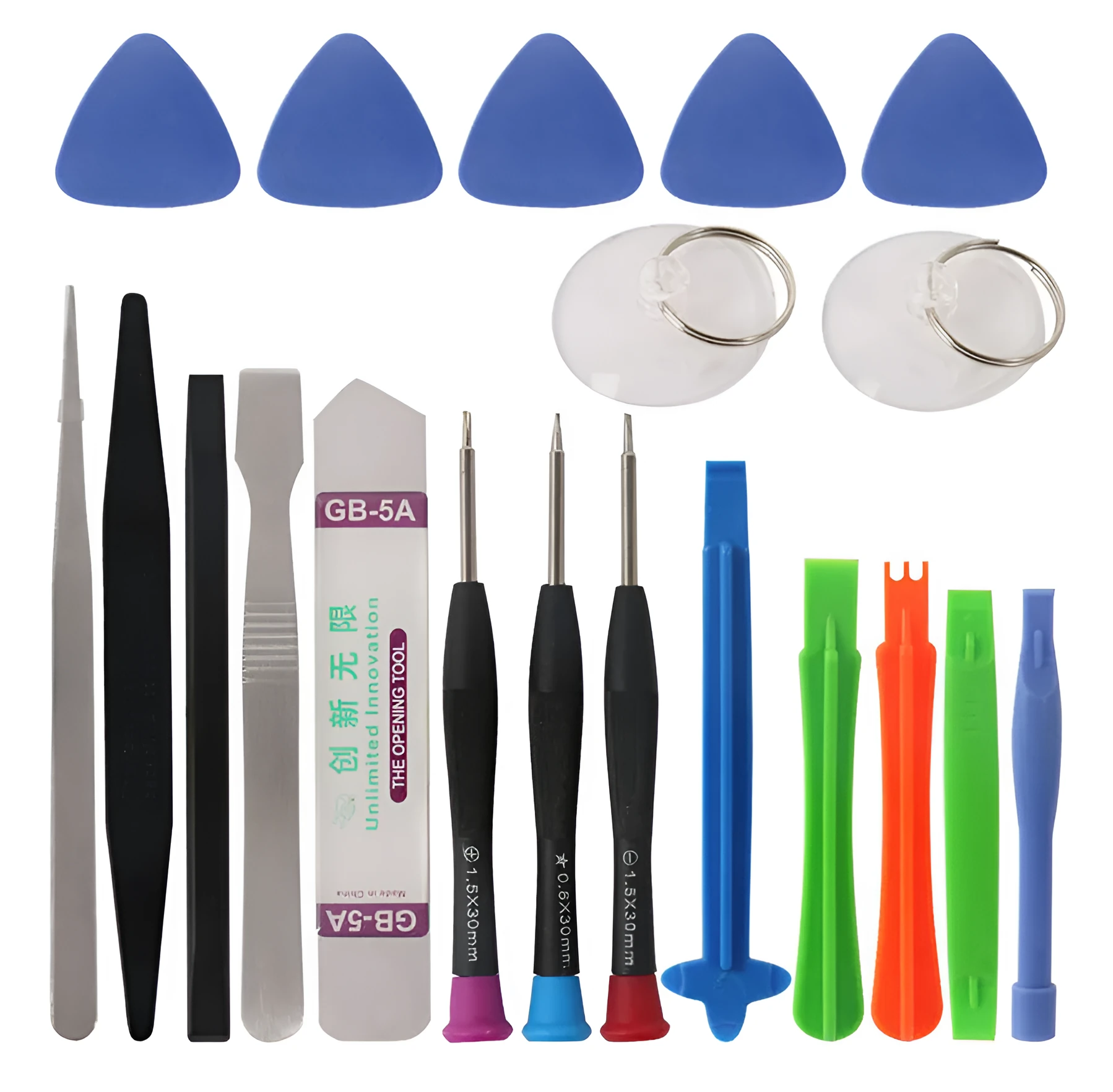 21 piece mobile phone disassembly tool set with chrome vanadium alloy steel screwdrivers, plastic spudgers, and suction cups for iPhone repair