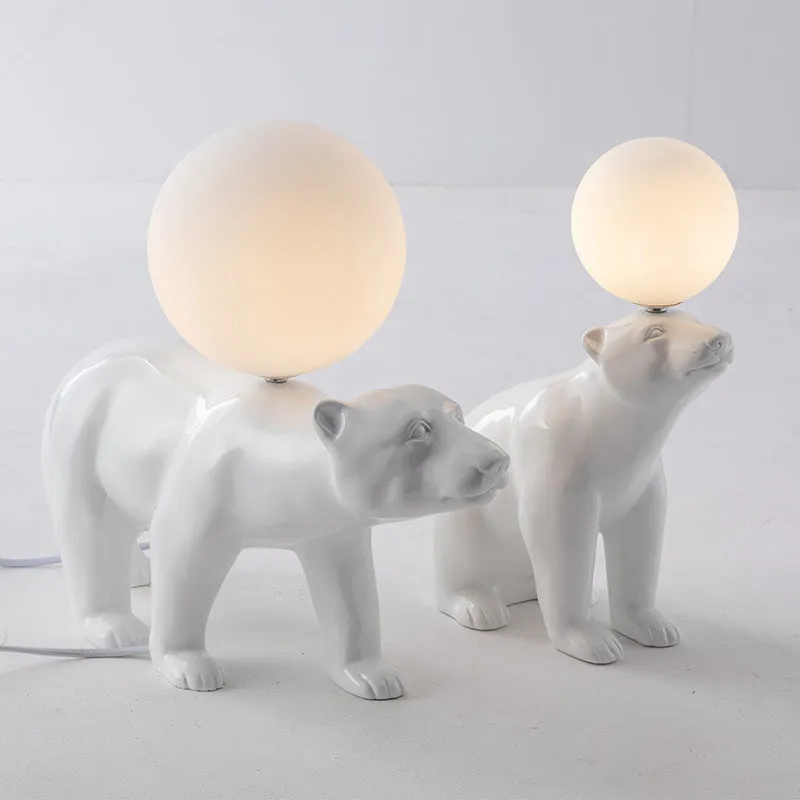 White Nordic style bear table lamp in sitting posture on a bedside table