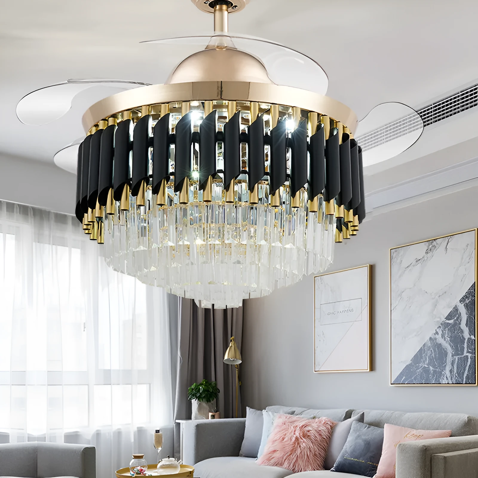 Crystal chandelier ceiling fan light with LED illumination and remote control in 42-inch or 48-inch size options