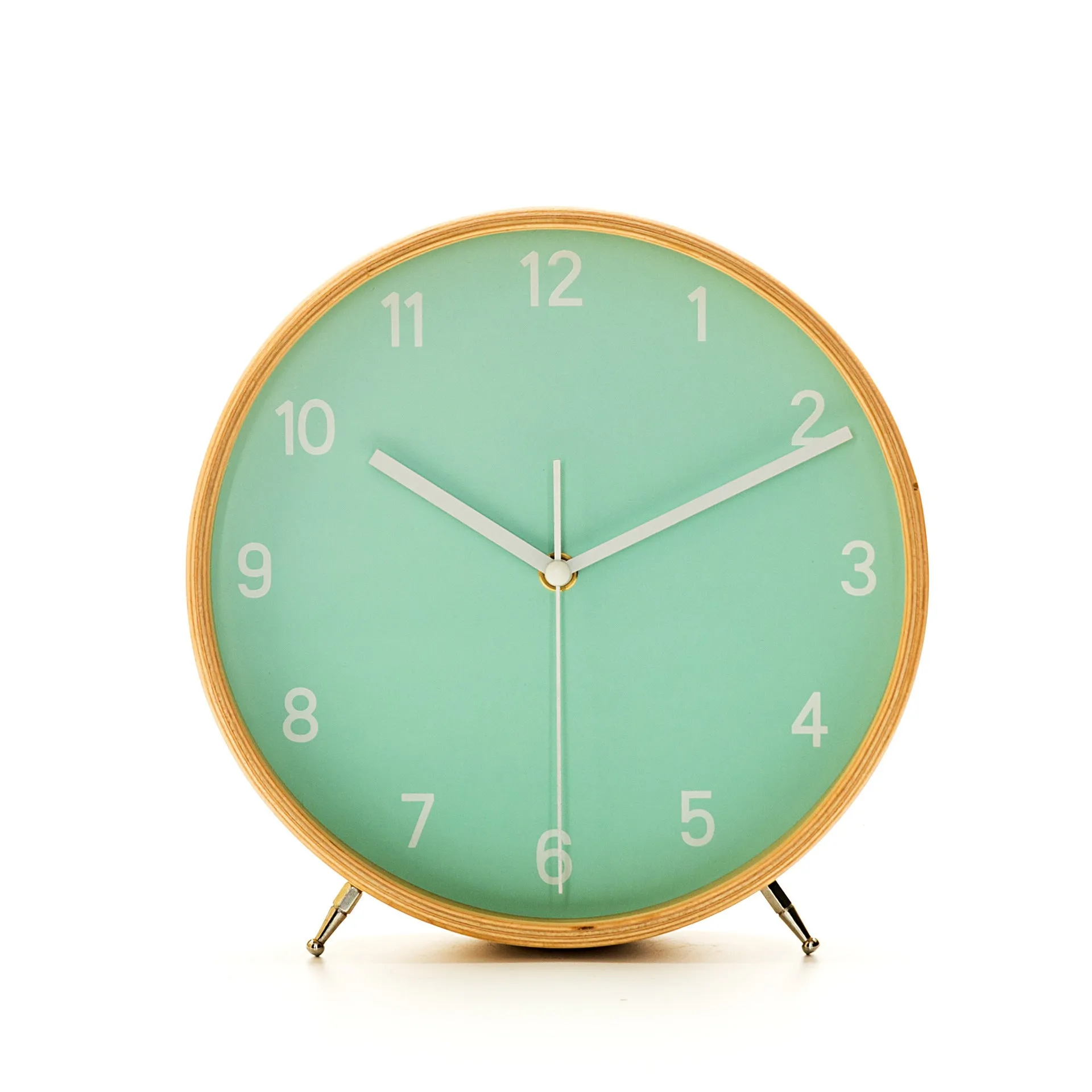Round wood quartz table clock with sweep second movement in green finish on a wooden surface