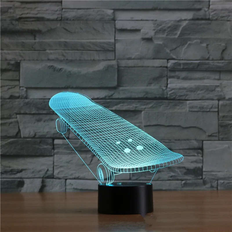 Skateboard-shaped LED touch light with acrylic panel, ABS base, 7 colour modes, 223x176x87mm, USB powered