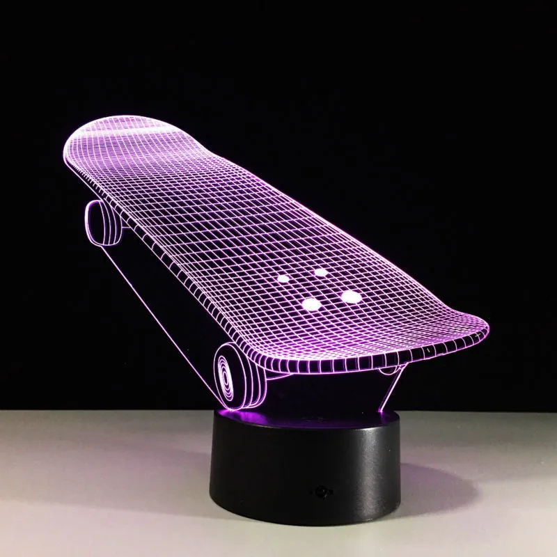 Skateboard-shaped LED touch light with acrylic panel, ABS base, 7 colour modes, 223x176x87mm, USB powered
