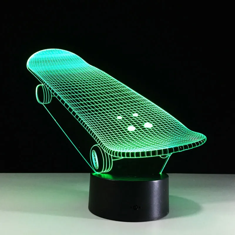 Skateboard-shaped LED touch light with acrylic panel, ABS base, 7 colour modes, 223x176x87mm, USB powered
