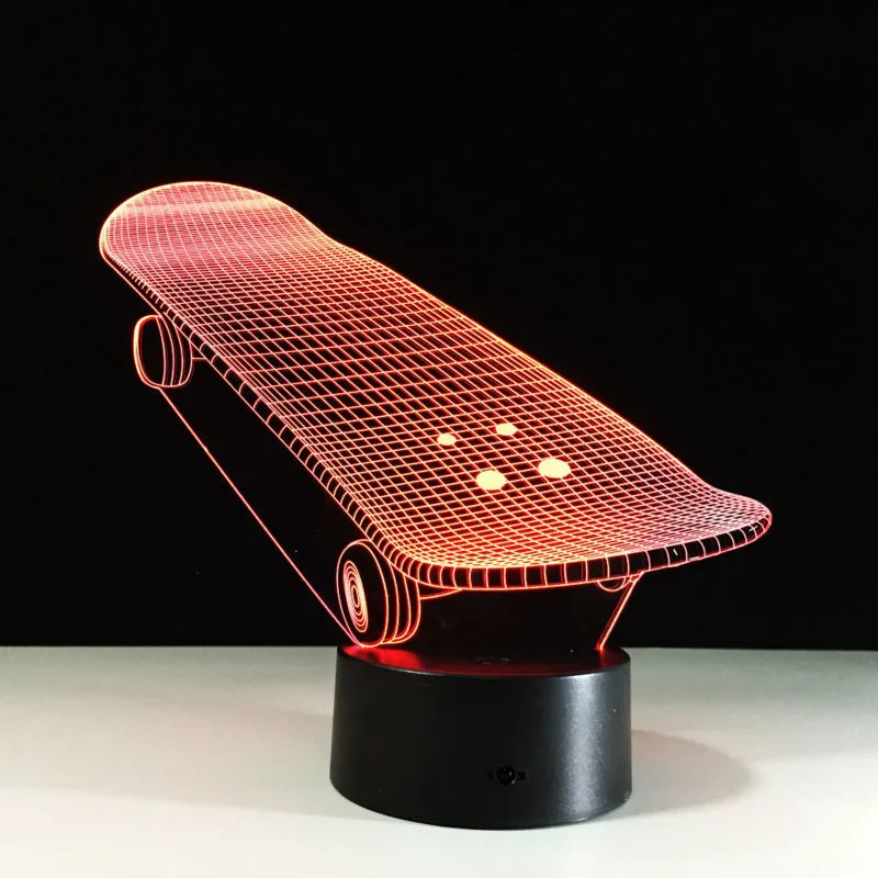 Skateboard-shaped LED touch light with acrylic panel, ABS base, 7 colour modes, 223x176x87mm, USB powered