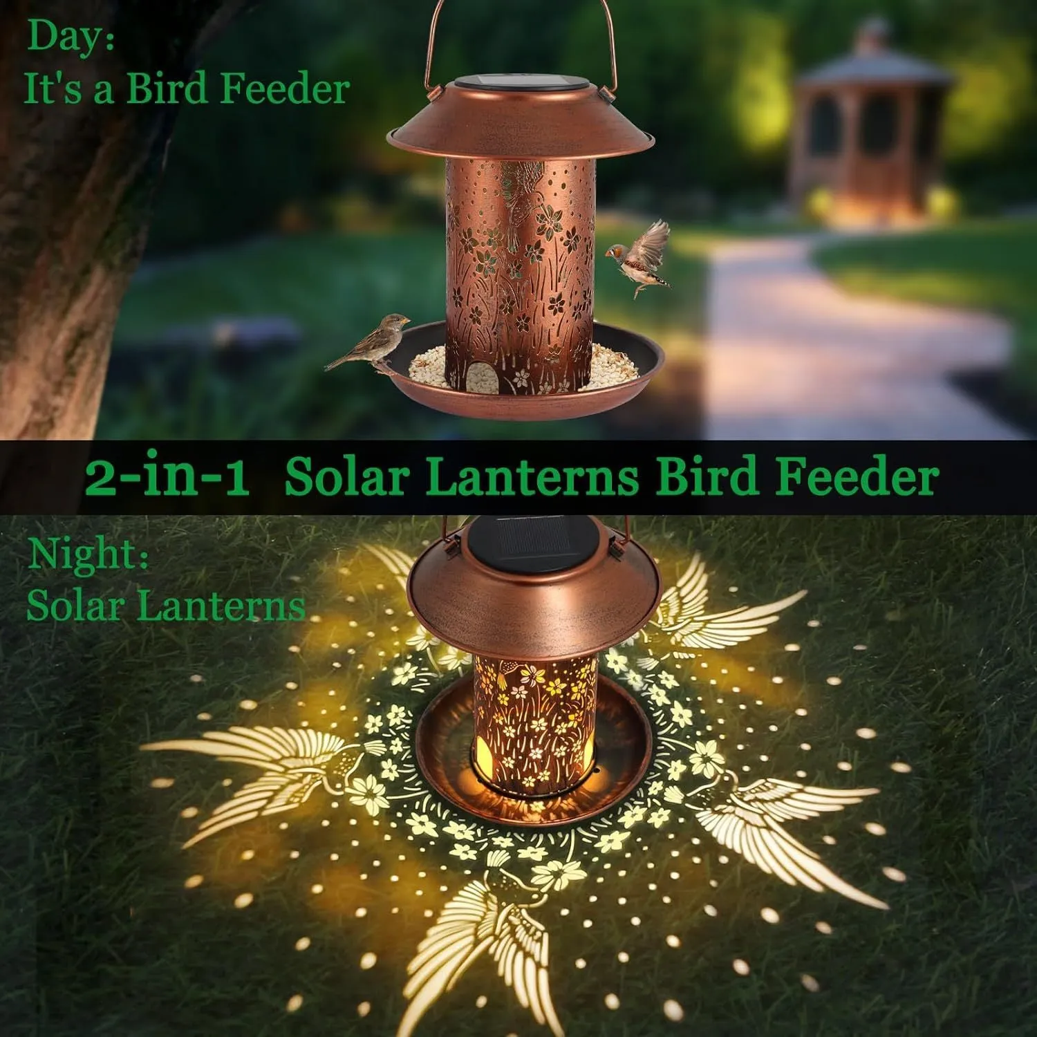 Solar-powered iron art bird feeder lamp with hummingbird decoration for outdoor garden use