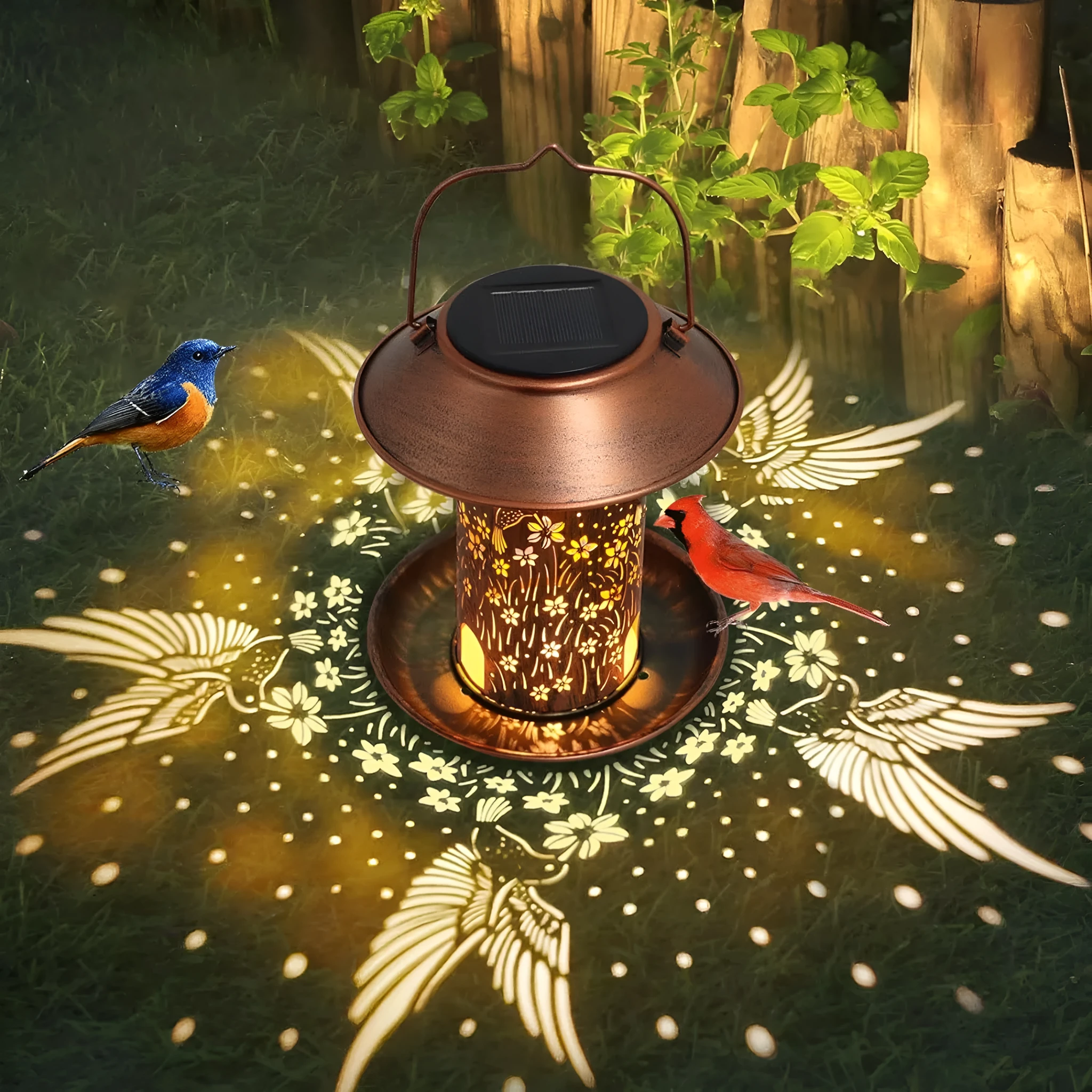 Solar-powered iron art bird feeder lamp with hummingbird decoration for outdoor garden use