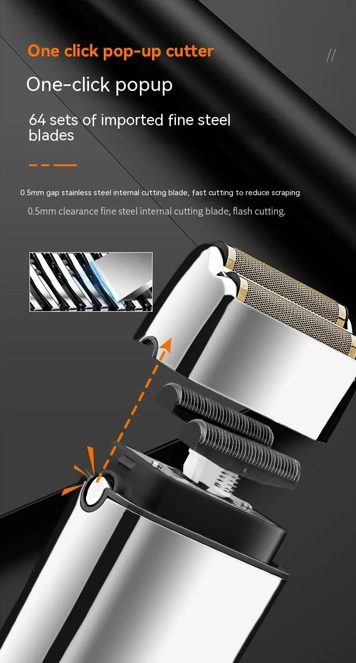 Silver USB rechargeable electric reciprocating shaver with cleaning brush and USB cable