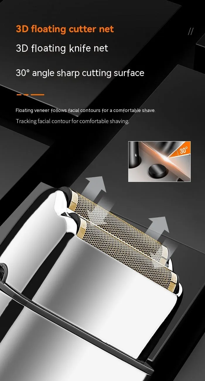 Silver USB rechargeable electric reciprocating shaver with cleaning brush and USB cable