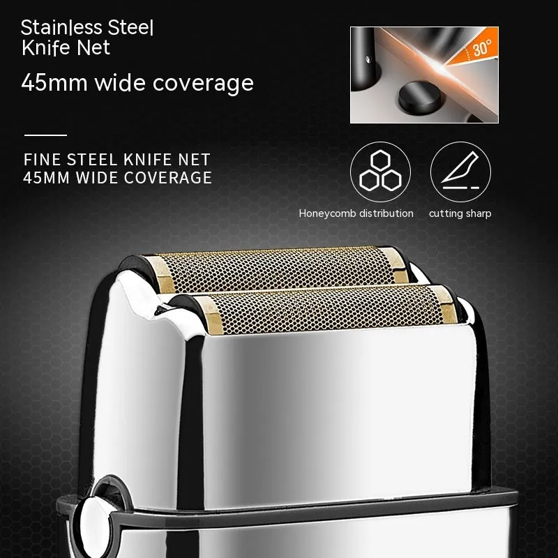 Silver USB rechargeable electric reciprocating shaver with cleaning brush and USB cable