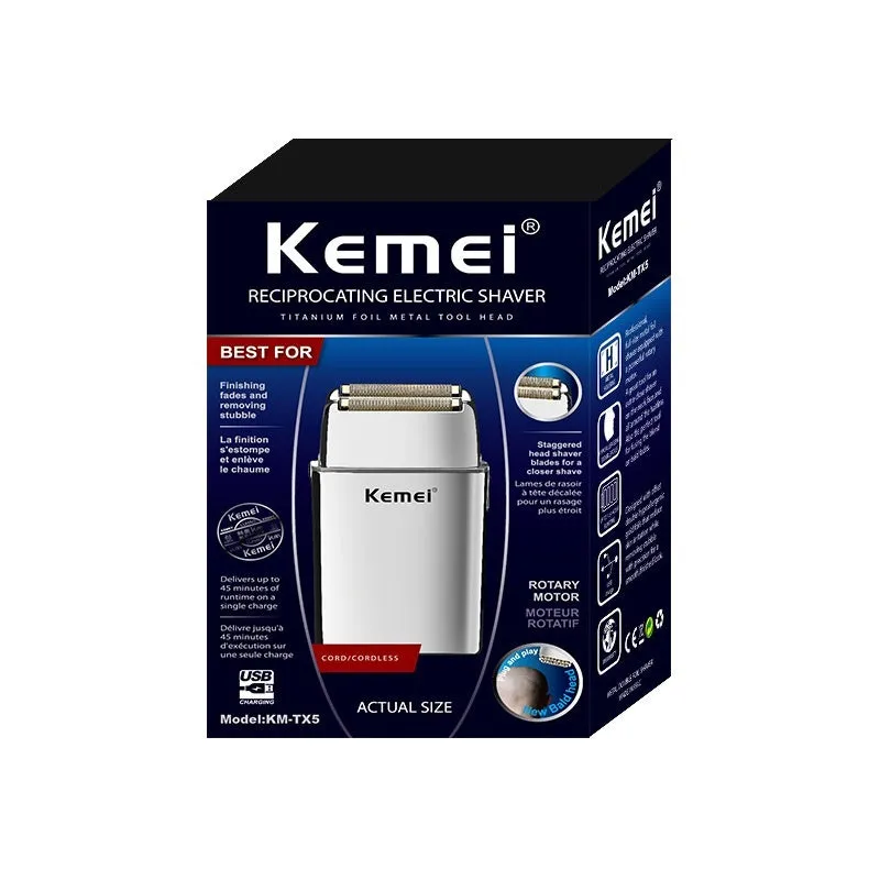 Silver USB rechargeable electric reciprocating shaver with cleaning brush and USB cable