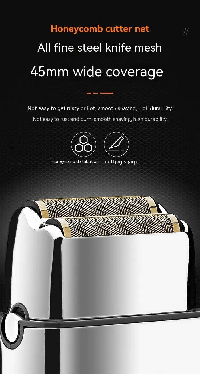 Silver USB rechargeable electric reciprocating shaver with cleaning brush and USB cable