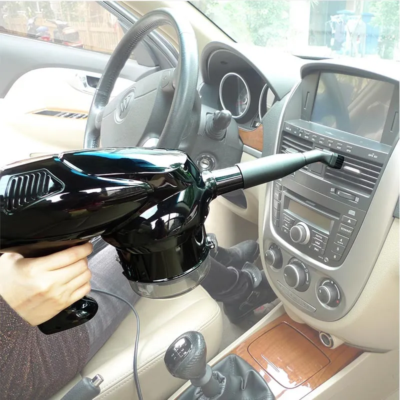 12V 100W hand-held dry wet vacuum cleaner with 6-metre cord and cigarette lighter plug sitting on car seat