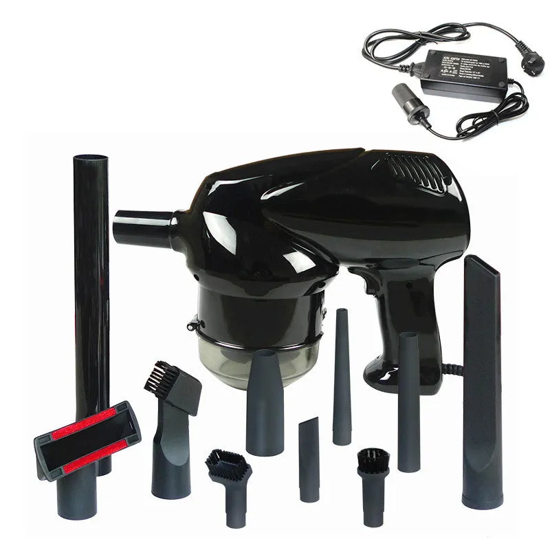 12V 100W hand-held dry wet vacuum cleaner with 6-metre cord and cigarette lighter plug sitting on car seat