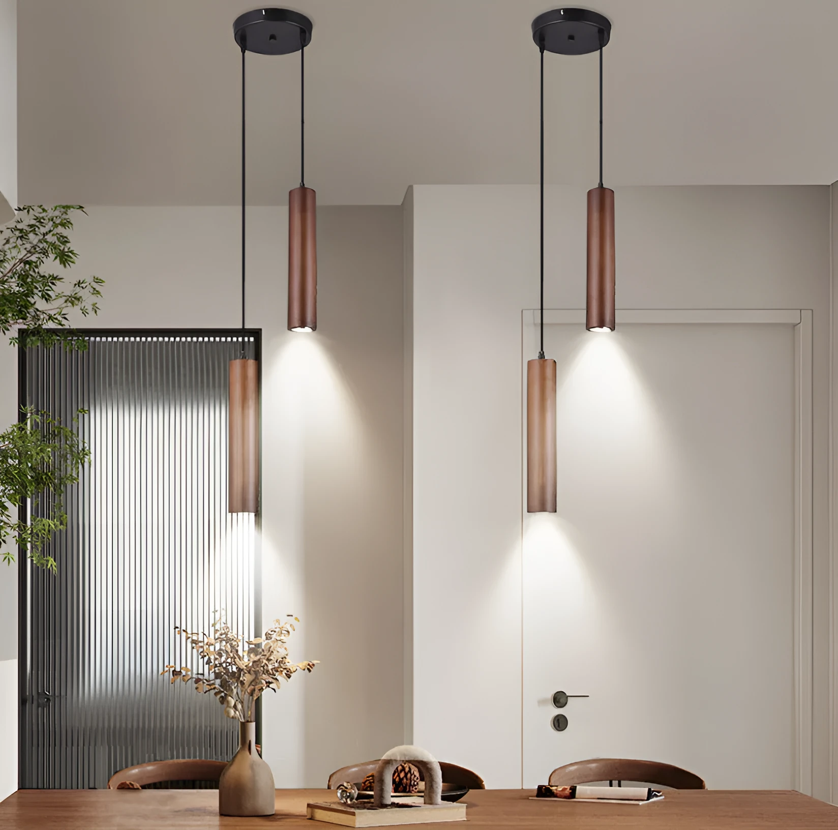 Solid wood Japanese style long chandelier with three warm light droplights in a modern bedroom
