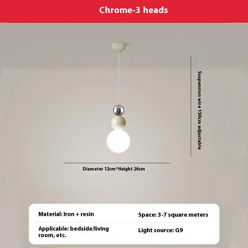 Cream Nordic pendant chandelier with 2 heads, chrome finish, for bedroom dining room 220V
