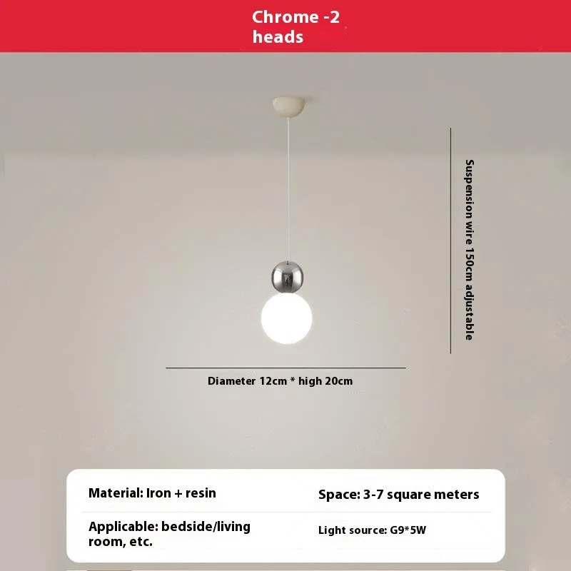 Cream Nordic pendant chandelier with 2 heads, chrome finish, for bedroom dining room 220V